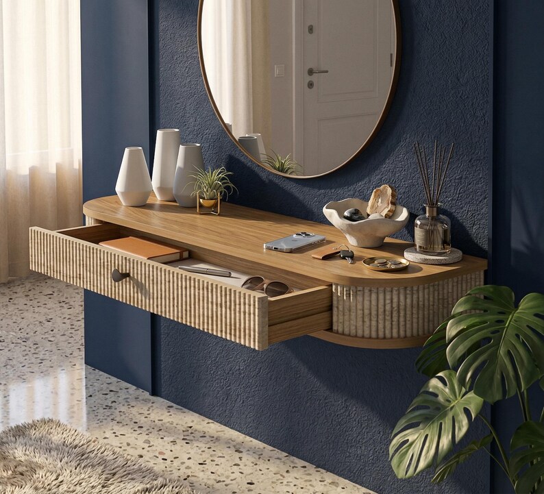 Floating Wood Console Table | Fluted Entryway Shelf | Wall Mounted ...