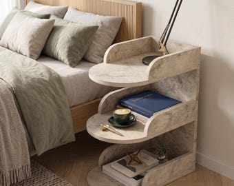 Mesa de cabeceira moderna japonesa em madeira com design curvo | Móvel minimalista escandinavo para quarto | Prateleira estreita para a extremidade da cama ZKHomeCraft