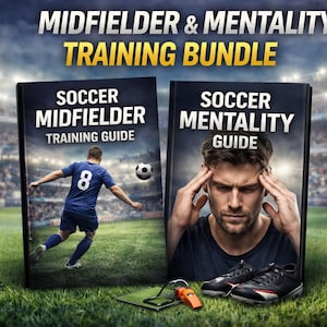 Puede incluir: Imagen de un paquete de entrenamiento de fútbol con dos guías: "Soccer Midfielder Training Guide" y "Soccer Mentality Guide". La imagen presenta a un jugador de fútbol, un hombre con las manos en la cabeza, zapatos de fútbol y un silbato.