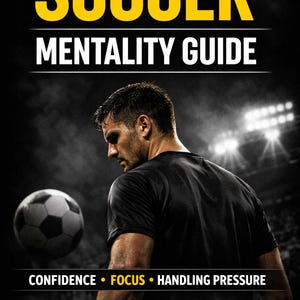 May include: Book cover with the title "SOCCER MENTALITY GUIDE" in yellow letters. A soccer player is looking down at a soccer ball. The words "CONFIDENCE • FOCUS • HANDLING PRESSURE" are at the bottom.