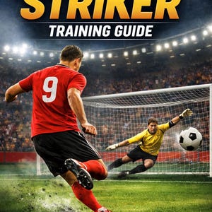 May include: Soccer Striker Training Guide cover. A soccer player in a red jersey kicks the ball toward the goal, while the goalie in yellow attempts to block it. Text on the cover reads "Soccer Striker Training Guide" and "Finishing, Positioning & Scoring Techniques."