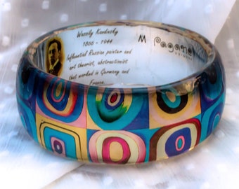 Brazalete de pintura abstracta, brazalete de arte Kandinsky, brazalete de resina delgada, pulsera hecha a mano, joyería hecha a mano con cita, pulsera de arte de mujer, regalo de artista