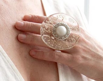 White Pressed Flower Resin Ring, Oversized 6 cm Adjustable Stainless Steel Band