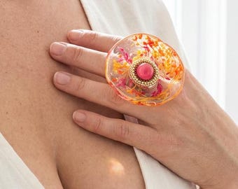 Oversized Resin Cocktail Ring, Orange Flower, Stainless Steel Adjustable Ring