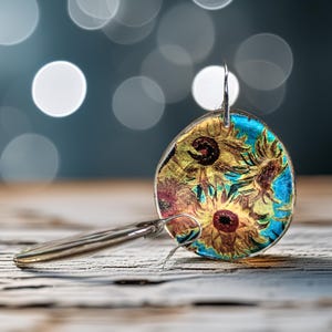 Sunflower Earrings Van Gogh Inspired Resin Statement Jewelry Lightweight Artistic Circle Earrings Art Nouveau Summer Jewelry