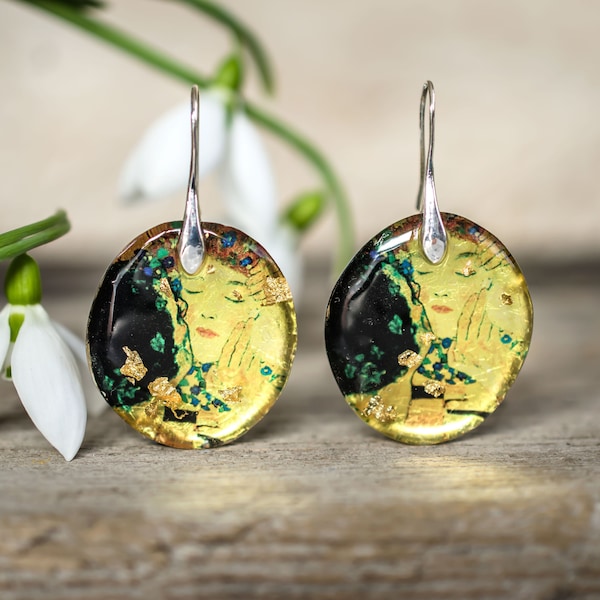 Resin Art Earrings, Gustav Klimt The Kiss, Resin Jewelry, Dangle Earrings, Art Jewelry, Statement Earrings, Circle Earrings, Drop Earrings