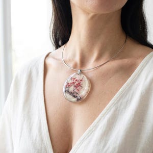 Sakura Hars Ketting, Japanse Kersenbloesem Hanger, Handgemaakt Statement Sieraad, Roestvrijstalen Ketting