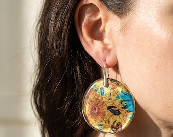 Van Gogh Sunflower Earrings, Resin Art Nouveau Jewelry