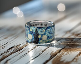 Van Gogh Starry Night Ring Wide Resin Band Statement Art Jewelry Adjustable Wearable Painting