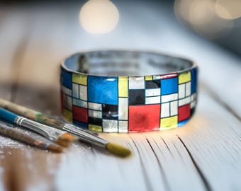 Mondrian Bracelet, Handmade Resin Bangle, Abstract Art Jewelry, Colorful Geometric Bracelet, Unique Gift for Women