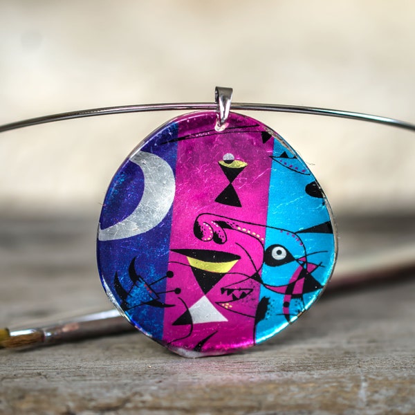 Joan Miro Necklace, Resin Pendant Necklace, Art Jewelry, Circle Pendant, Drawing Jewelry