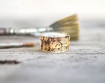 Music Notes Ring, Wide Resin Ring, Vintage Paper Ring, Antique Design Jewelry