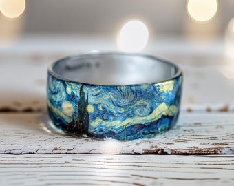 Van Gogh Starry Night Bangle, Resin Art Bracelet, Handmade Artistic Jewelry, Wearable Masterpiece