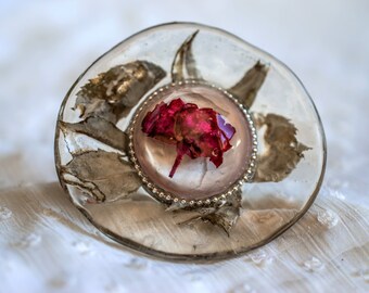 Huge resin brooch with June birth flower dried rose