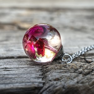 Real Rosebud Necklace, Rose Pendant Necklace, Resin Ball Necklace, Real Flower Necklace, June Birth Month Flower, Preserved Flower Jewelry