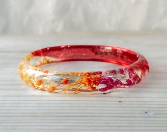 Whimsical Garden Resin Bracelet: Blooming Yellow & Orange Florals with Crimson Purple Sparkle - A Magical, Artisan-Crafted Wrist Adornment