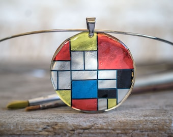 Mondrian Necklace - Abstract Cubism Art Pendant - Geometric Resin Jewelry - Color Block Necklace - Artistic Gift for Her