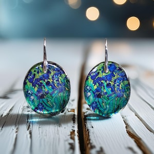 Van Gogh Iris Ohrringe aus Harz, Leichte Kunst Schmuckstücke, Blaue Hängende Ohrringe, Einzigartiges Geschenk für Kunstliebhaber