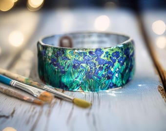 Van Gogh Irises Resin Bangle, Handmade Bracelet, Art Jewelry Gift for Wife, Unique Statement Jewelry, Post-Impressionist Inspired