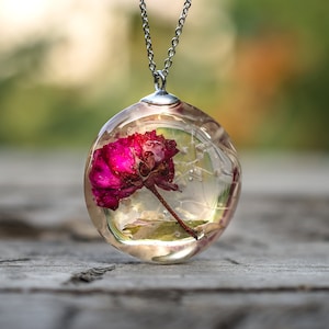 Bulgarian Rose Pendant Necklace, Real Pink Rose Resin Jewelry, Preserved Flower Necklace, Fairycore Enchanted Gift, Dainty Jewelry