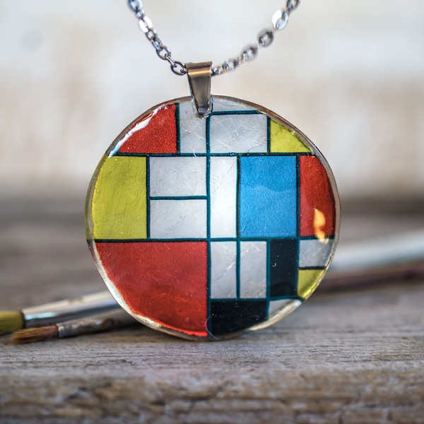 Mondrian Necklace, Epoxy Resin, Color Blocking Jewelry, Geometric Necklace, Cubism Art Pendant, Bohemian Jewelry, Artsy Jewelry,Gift For Her