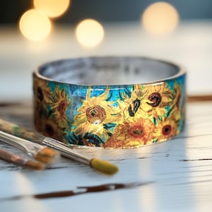 Van Gogh Sunflowers Resin Bracelet, Artistic Handmade Bangle, Famous Sunflowers Art Jewelry, Floral Gift for Her