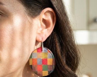Resin Paul Klee Earrings, Sterling Silver, Abstract Art Jewelry