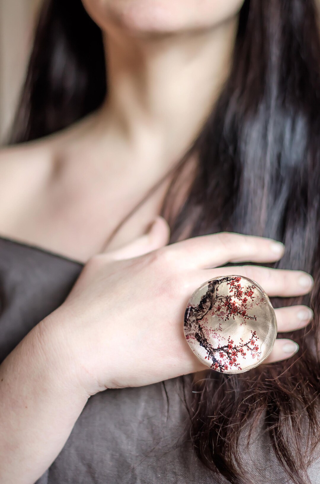 Japanese Lace Rings Japanese Sakura Oversized Ring, Adjustable Resin Ring, Cherry Blossom ...