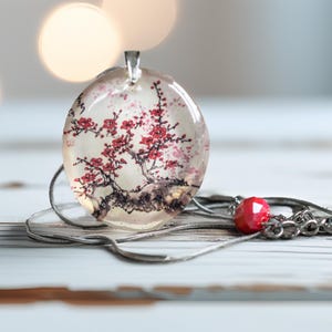 Sakura Cherry Blossom Necklace, Japanese Resin Pendant, Hanami Festival Jewelry, Kimono Style Gift, Kawaii Floral Necklace