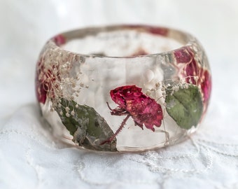 Resin Jewelry, Real Rose Bangle, Botanical Jewelry, Real Flower Jewelry, June Birth Month Flower Gift, Bohemian Jewelry by PAGANEuniques