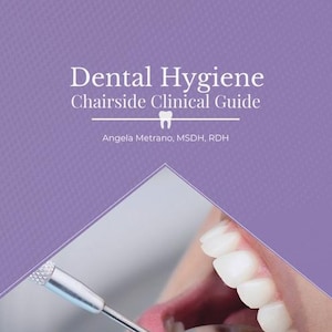 May include: A book cover with the title "Dental Hygiene Chairside Clinical Guide" in white text on a purple background. The cover also features a dental mirror reflecting a patient's teeth. The author's name is also included.