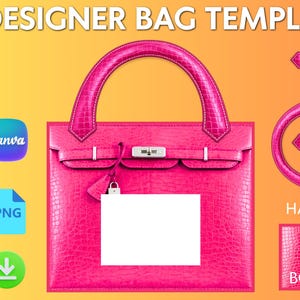Puede incluir: Una plantilla de bolso de diseño rosa intenso con textura de cocodrilo, asa superior y herrajes plateados. La imagen incluye el texto "DESIGNER BAG TEMPLATE", "HANDLES" y "BOTTOM". También se incluyen los iconos de Canva, PNG y descarga.