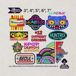 May include: A selection of embroidered patches in diverse designs and sizes, featuring a blue cat face, neon-style logos, and text such as "SLAY" and "SEOUL." Sizes range from 7.6 to 17.8 cm. The patches are vibrant and showcase intricate stitching.