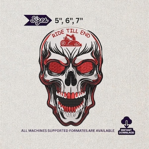 May include: Embroidered skull patch with red and black details. The design includes the text "RIDE TILL END" and is available in 5", 6", and 7" sizes. The patch is suitable for various machines and is an instant download.