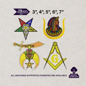 May include: Embroidered patches in various designs, including a star, a pharaoh, a sword, and a compass with a "G". Available sizes are 3", 4", 5", 6", and 7". The text "ALL MACHINES SUPPORTED FORMATES ARE AVAILABLE" is also present.
