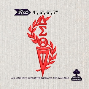 May include: A red embroidered design featuring Greek letters and a laurel wreath. The design is available in sizes 4", 5", 6", and 7". The text "ALL MACHINES SUPPORTED FORMATES ARE AVAILABLE" is also present.