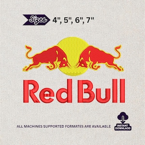 May include: Red Bull logo embroidery design featuring two red bulls facing each other above the brand name in red. The design includes the text "Sizes 4", 5", 6", 7"" and "ALL MACHINES SUPPORTED FORMATES ARE AVAILABLE".