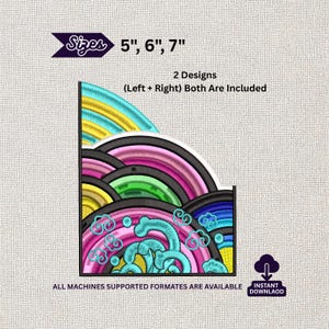 Puede incluir: Diseño bordado con un patrón de olas en capas en tonos azules, rosas, verdes y amarillos. Disponible en tamaños de 12,7 cm, 15,2 cm y 17,8 cm. Se incluyen dos diseños.