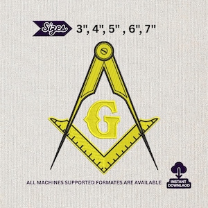 Könnte beinhalten: Ein gelb-schwarzes Freimaurersymbol mit dem Buchstaben "G" in der Mitte. Das Bild enthält den Text "Sizes 3", 4", 5", 6", 7"" und "ALL MACHINES SUPPORTED FORMATES ARE AVAILABLE". Ein "INSTANT DOWNLOAD"-Symbol ist ebenfalls vorhanden.