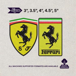 Puede incluir: Dos parches bordados de Ferrari. Uno tiene forma de escudo, el otro rectangular. Ambos tienen fondo amarillo, un caballo negro encabritado y el texto "Ferrari". Disponibles en tamaños de 7,6 cm a 12,7 cm.