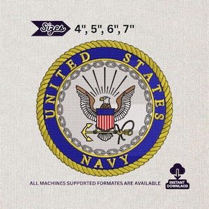 May include: Embroidered United States Navy emblem in a circular design. The emblem features an eagle, anchor, and the words "United States Navy." Available in 4", 5", 6", and 7" sizes. The design is in blue, gold, red, and white.