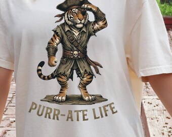 Pirate Tiger Shirt, Comfort Colors 1717, Purr-ate Life Funny Cat T-Shirt, Vintage Graphic Tee, Retro Streetwear, Gift for Tiger Lovers