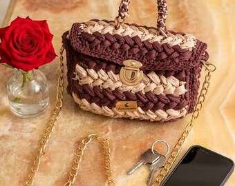 Handwoven Minimal Straw Raffia Bag, Maroon Beige Stripes, Gold Chain, Top Handle Clutch,