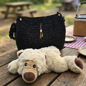 Metallic Black Raffia Bag, Gold Tassel Charm, Hand-Crocheted bridesmaid gift image 9