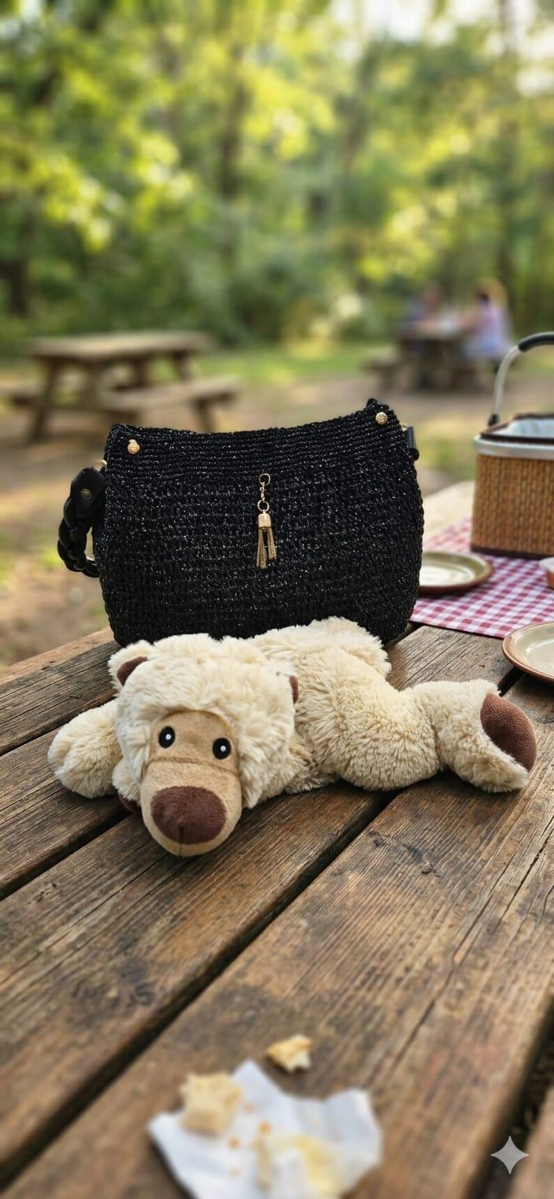 Metallic Black Raffia Bag, Gold Tassel Charm, Hand-Crocheted bridesmaid gift image 9