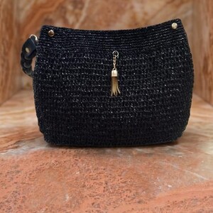 Metallic Black Raffia Bag, Gold Tassel Charm, Hand-Crocheted bridesmaid gift image 4