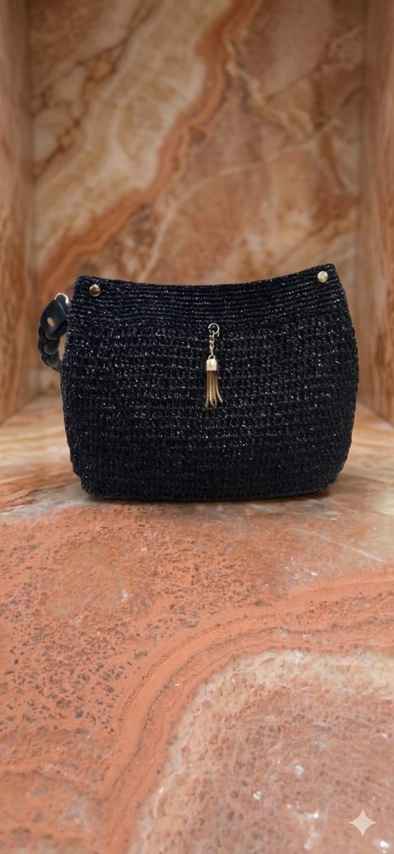 Metallic Black Raffia Bag, Gold Tassel Charm, Hand-Crocheted bridesmaid gift image 4