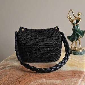 Metallic Black Raffia Bag, Gold Tassel Charm, Hand-Crocheted bridesmaid gift image 11