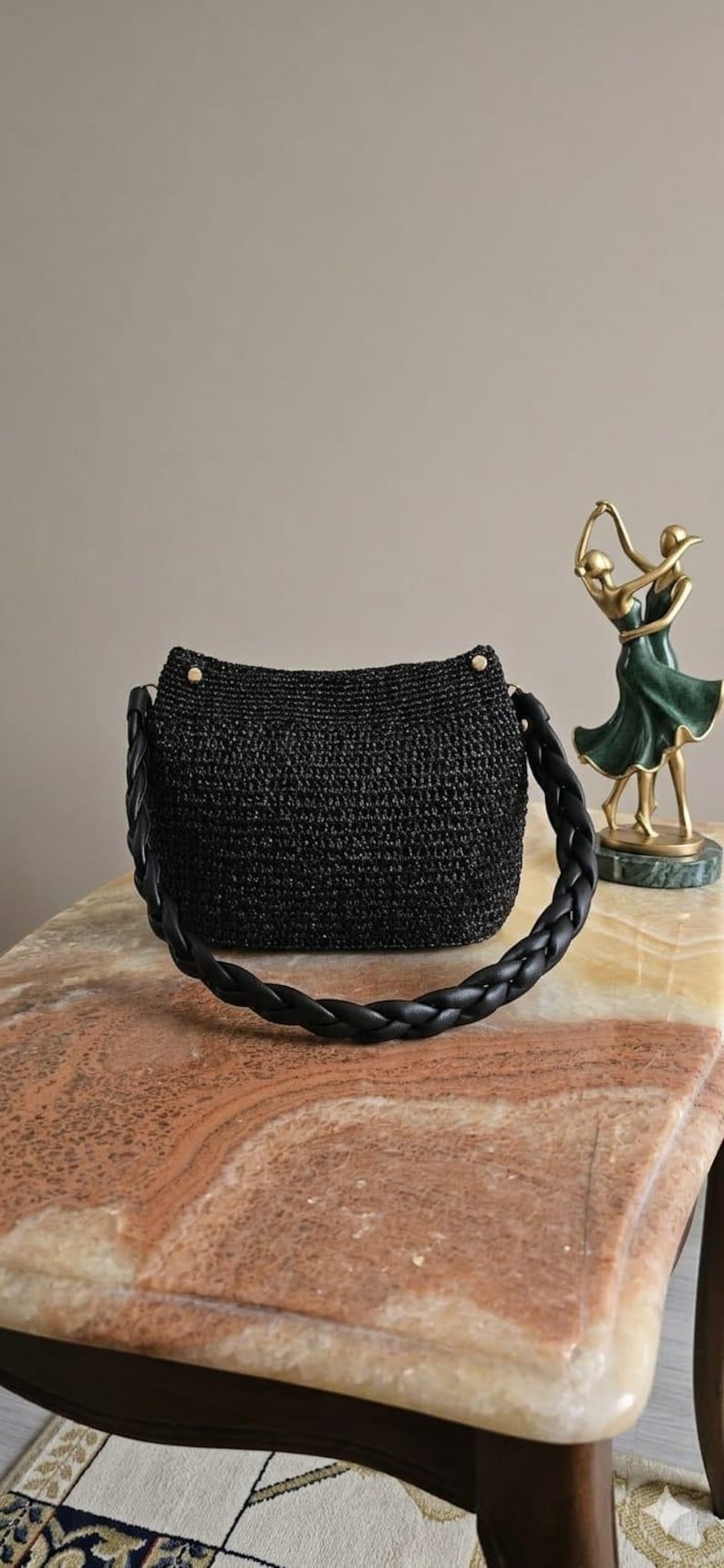 Metallic Black Raffia Bag, Gold Tassel Charm, Hand-Crocheted bridesmaid gift image 11