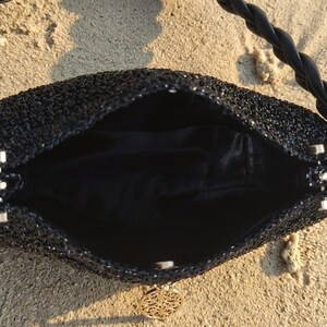 Metallic Black Raffia Bag, Gold Tassel Charm, Hand-Crocheted bridesmaid gift image 2